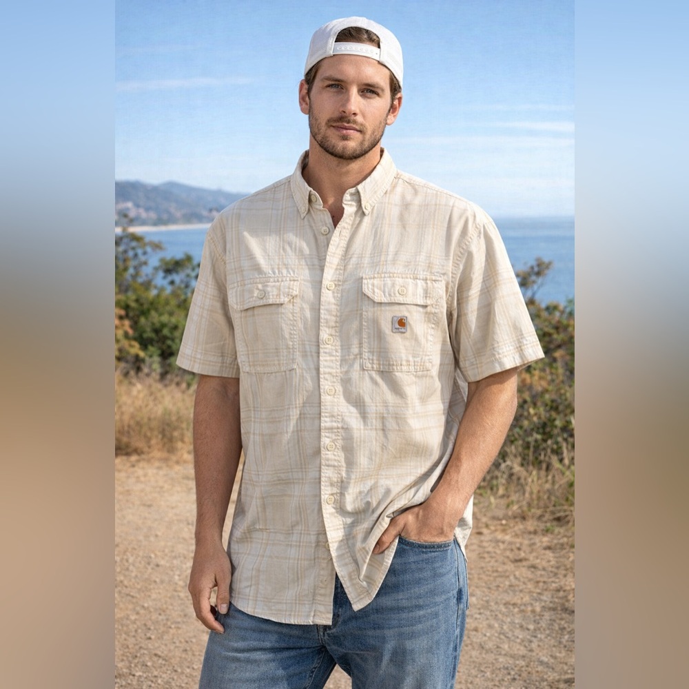 Carhartt Plaid Short Sleeve Shirt Button Down Men’s 2XL Beige Casual Pocket Logo